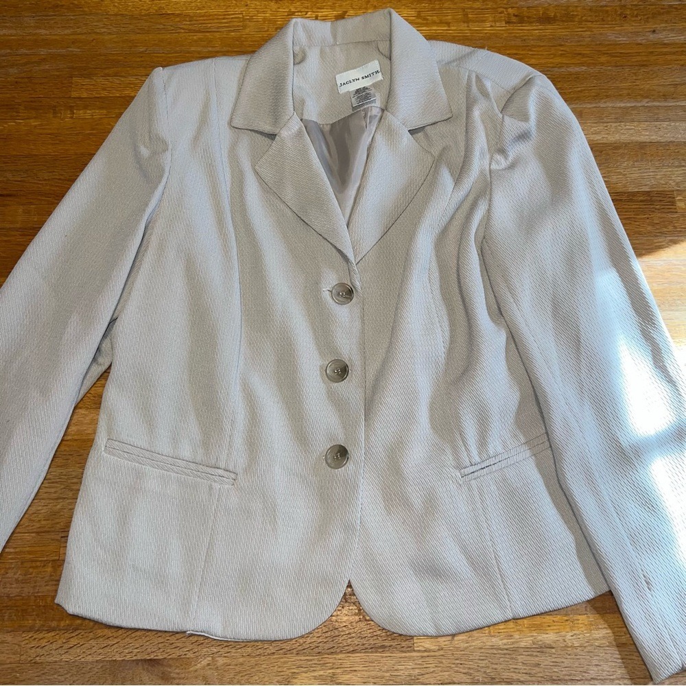 Jaclyn Smith Women 14P Light Tan Texture Collar Button Up Business Blazer Jacket